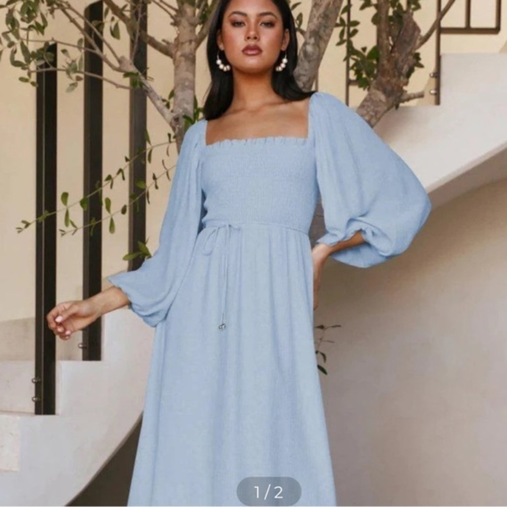 Anna Kaci Blue Shirred Bishop Sleeve Cottagecore Milkmaid MIDI Dress M - Picture 4 of 15